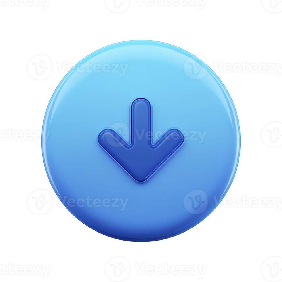 Blue circular button with downward arrow symbol in center, representing download or navigation. glossy finish gives it modern and sleek appearance png