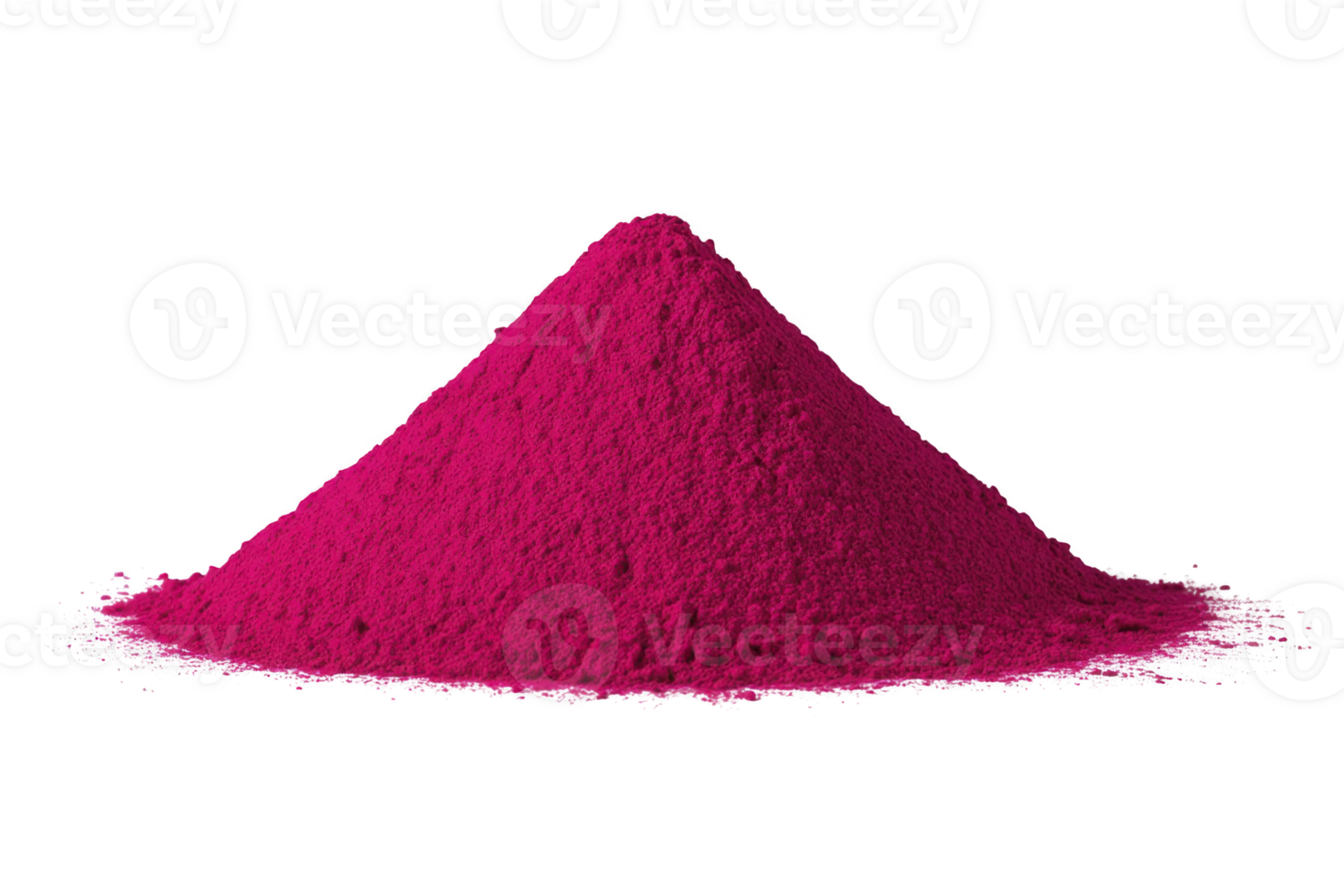 Vibrant pile of magenta powder is displayed against transparency background, showcasing its fine texture and rich color. powder is neatly arranged conical shape, highlighting its smooth surface png
