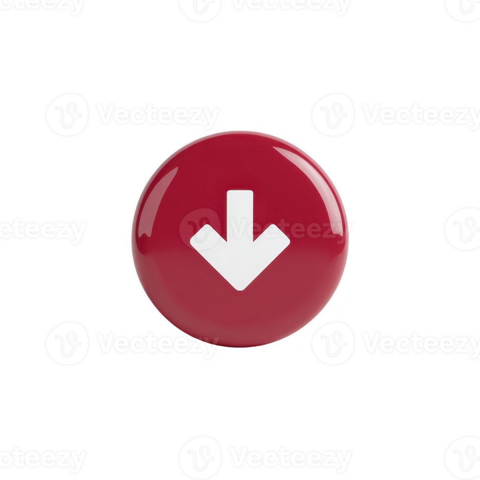 Glossy red button with white downward arrow symbol, representing download or navigation. button shiny surface adds modern and sleek touch to its design png