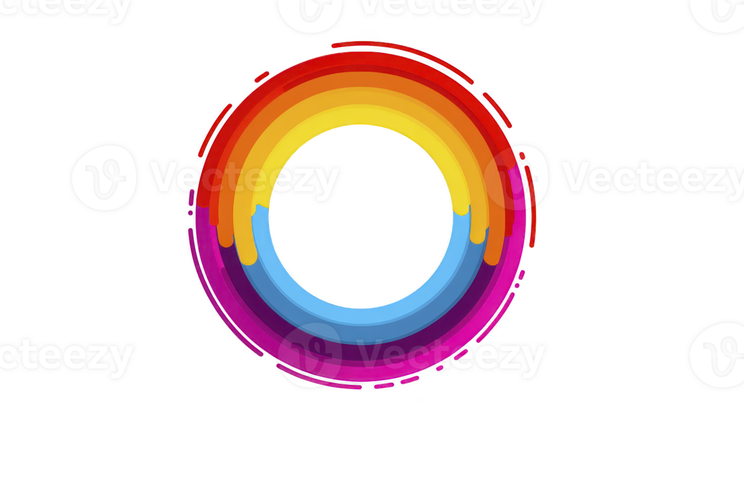 Vibrant circular design features spectrum of colors blending seamlessly, creating dynamic and artistic effect. colors range from red to purple, forming complete circle with smooth gradient png