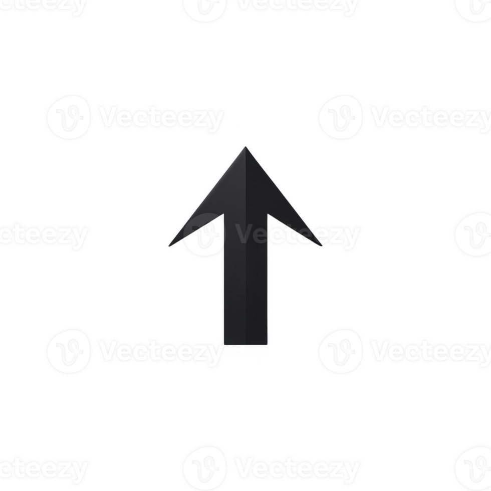Black upward arrow symbol on transparent background, representing direction or navigation. simple design is often used in digital interfaces or signage png