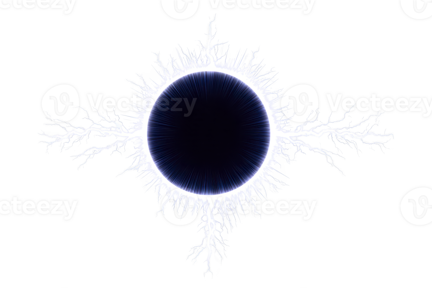 Circular electric burst with bright, branching lightning bolts radiates from central dark sphere, creating dynamic and energetic visual effect png