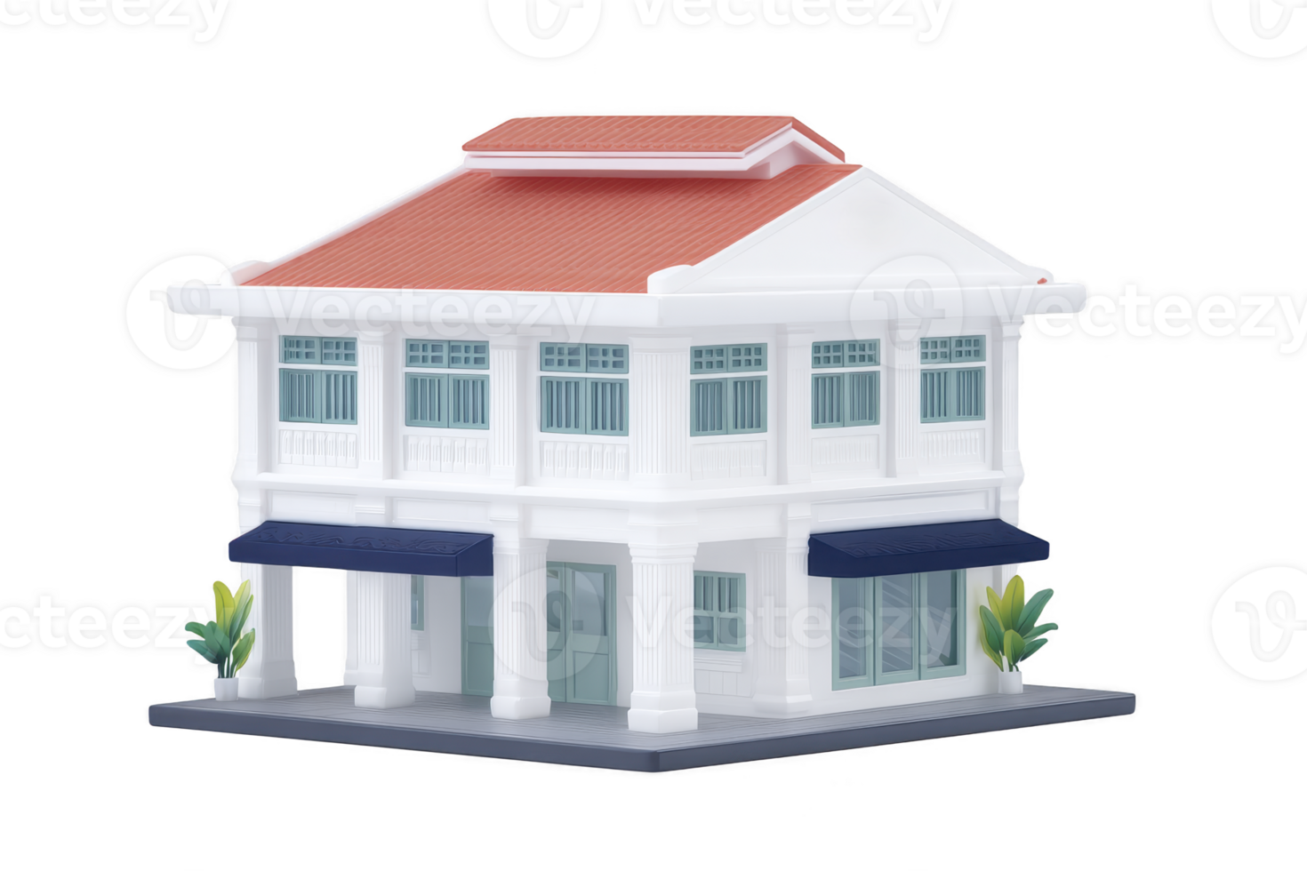 Charming two story white building with red roof and blue awnings, featuring large windows and decorative plants, evokes quaint and inviting atmosphere png