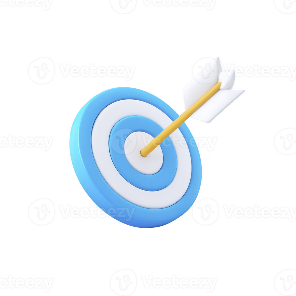 Blue and white target with arrow hitting center symbolizes precision and success. 3D illustration conveys sense of achievement and focus png