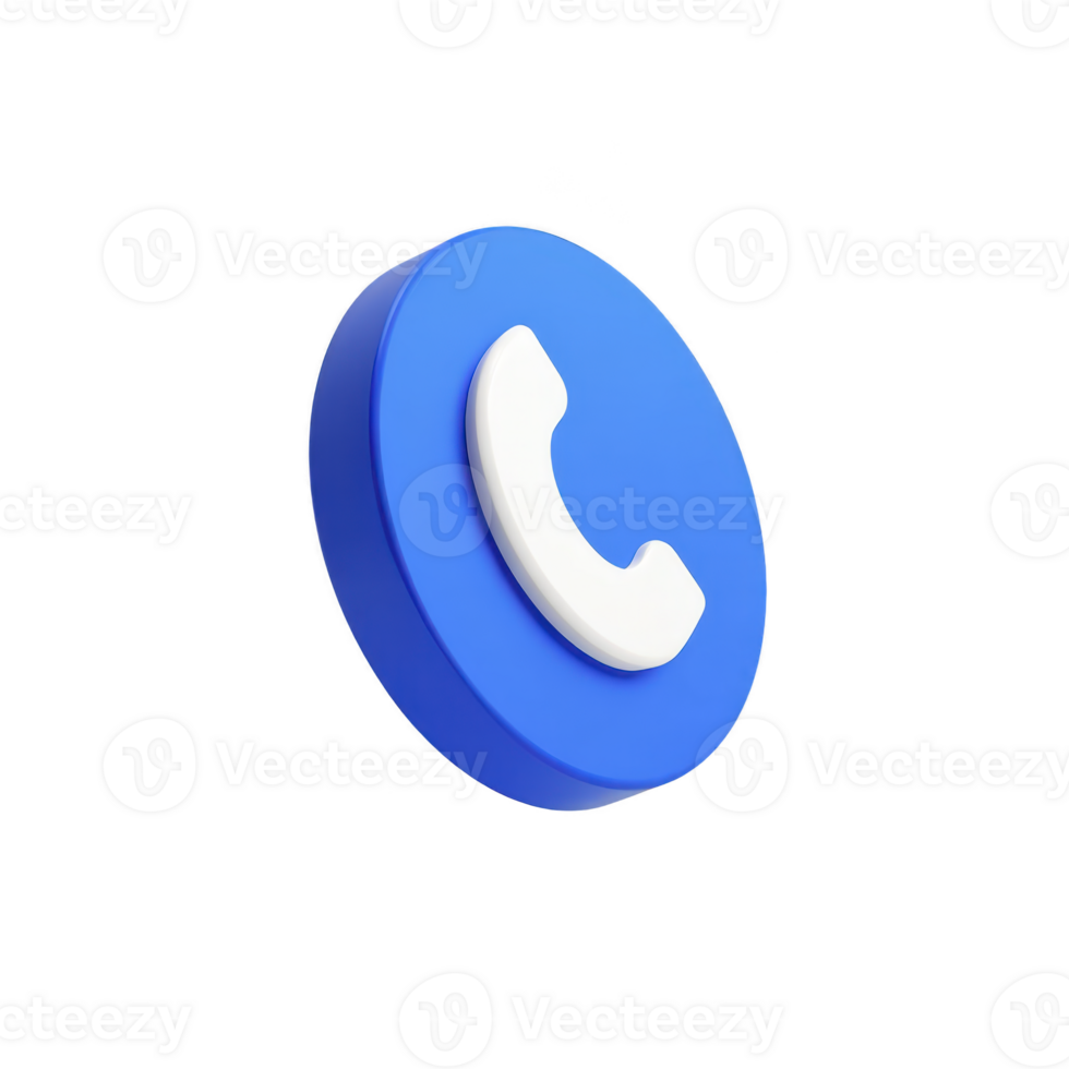 3D blue circular icon features white telephone handset symbol, representing communication or contact. design is simple and modern, suitable for digital interfaces png