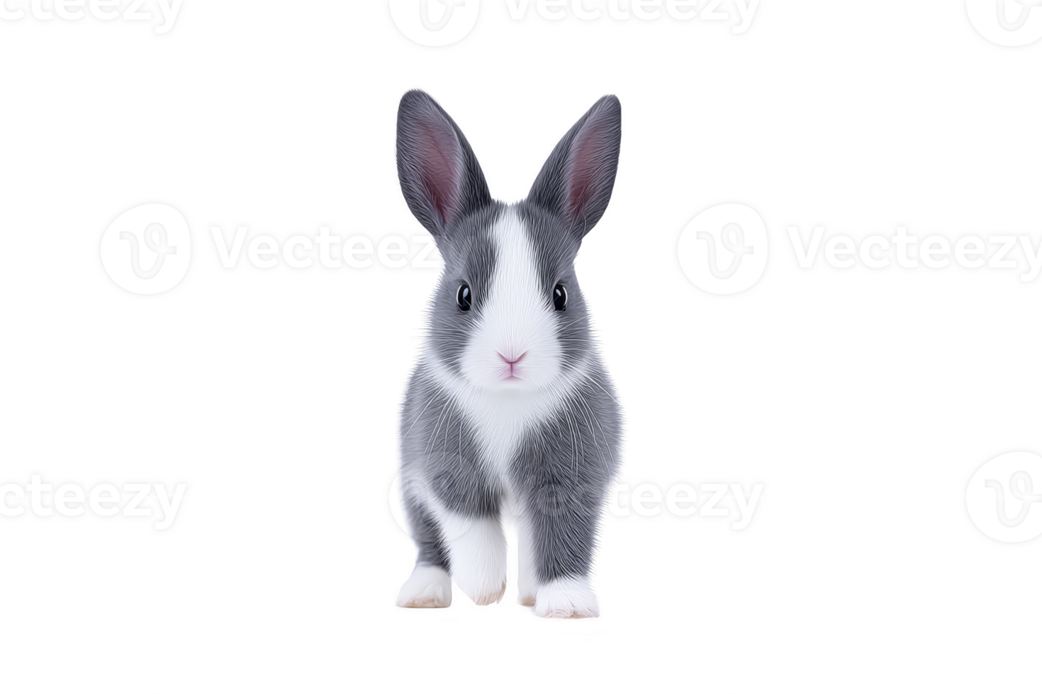Cute gray and white rabbit with large ears stands facing forward on transparency background, showcasing its soft fur and curious expression png