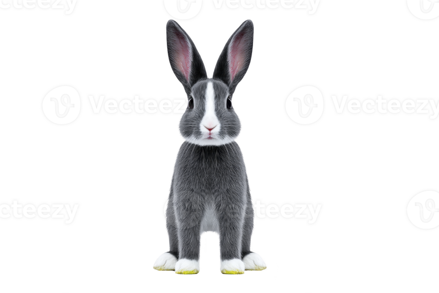 Cute gray rabbit with large ears and white stripe on its face sits upright, showcasing its fluffy fur and attentive expression. rabbit pink ears add touch of color png