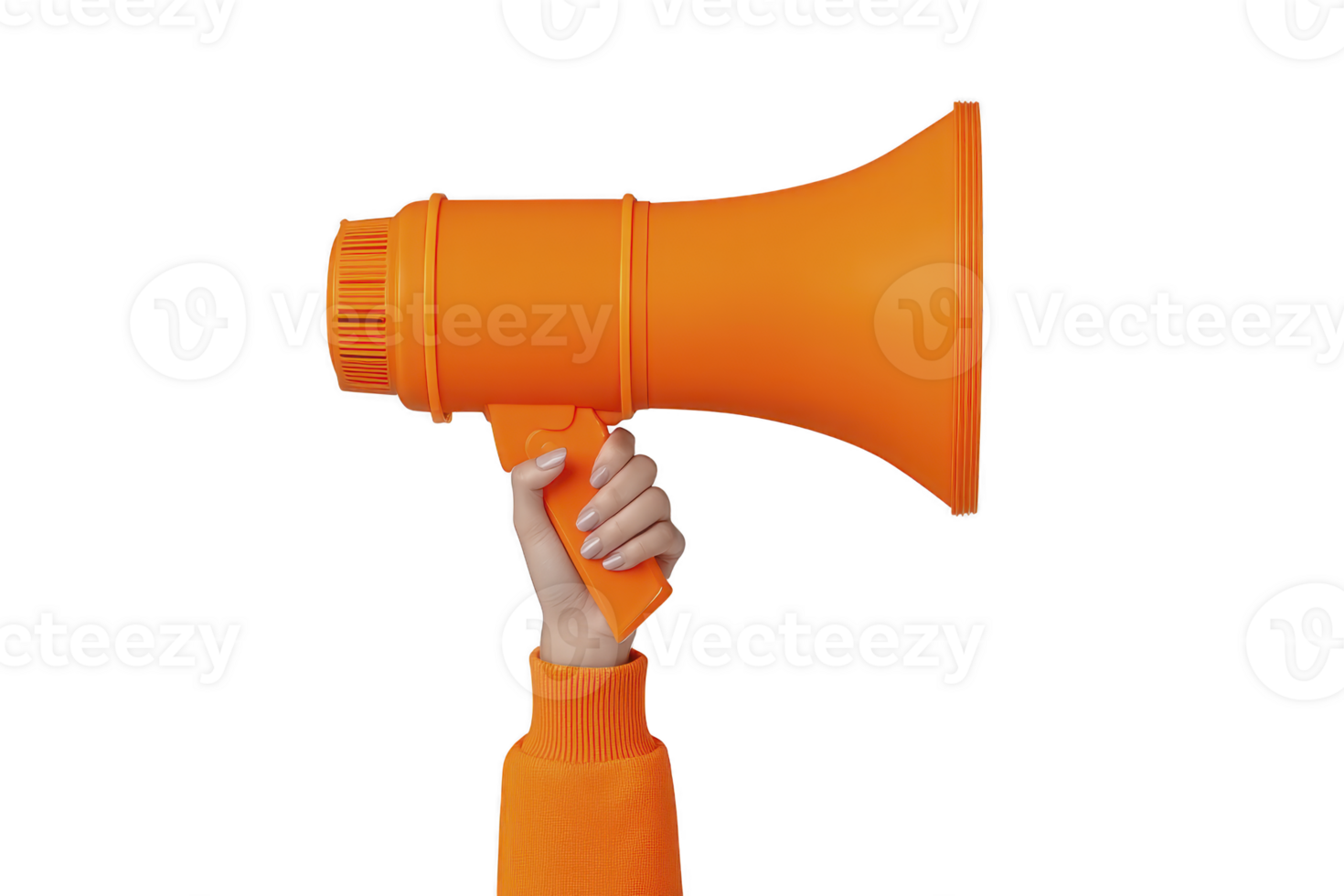 Hand holding bright orange megaphone against transparency background, symbolizing communication and announcement. vibrant color and simple design make it eye catching png