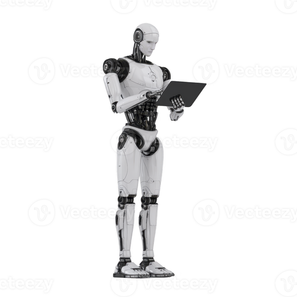 Humanoid robot stands while interacting with tablet, showcasing advanced technology and futuristic design. robot sleek, metallic body and focused posture highlight innovation png