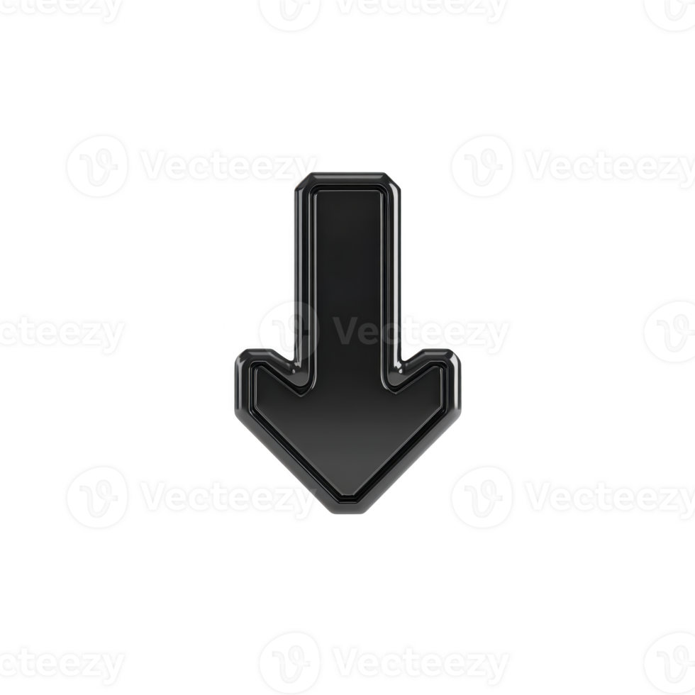 Black 3D arrow pointing downward with glossy finish, symbolizing direction or navigation. arrow sleek design adds modern touch, making it suitable for digital interfaces or graphic design projects png