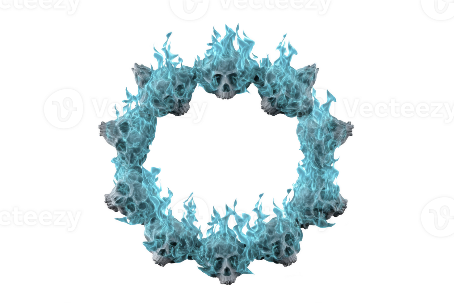 Ring of blue flames forms circle, creating mystical and intense visual effect. flames appear to be shaped like skulls, adding eerie and supernatural element to design png
