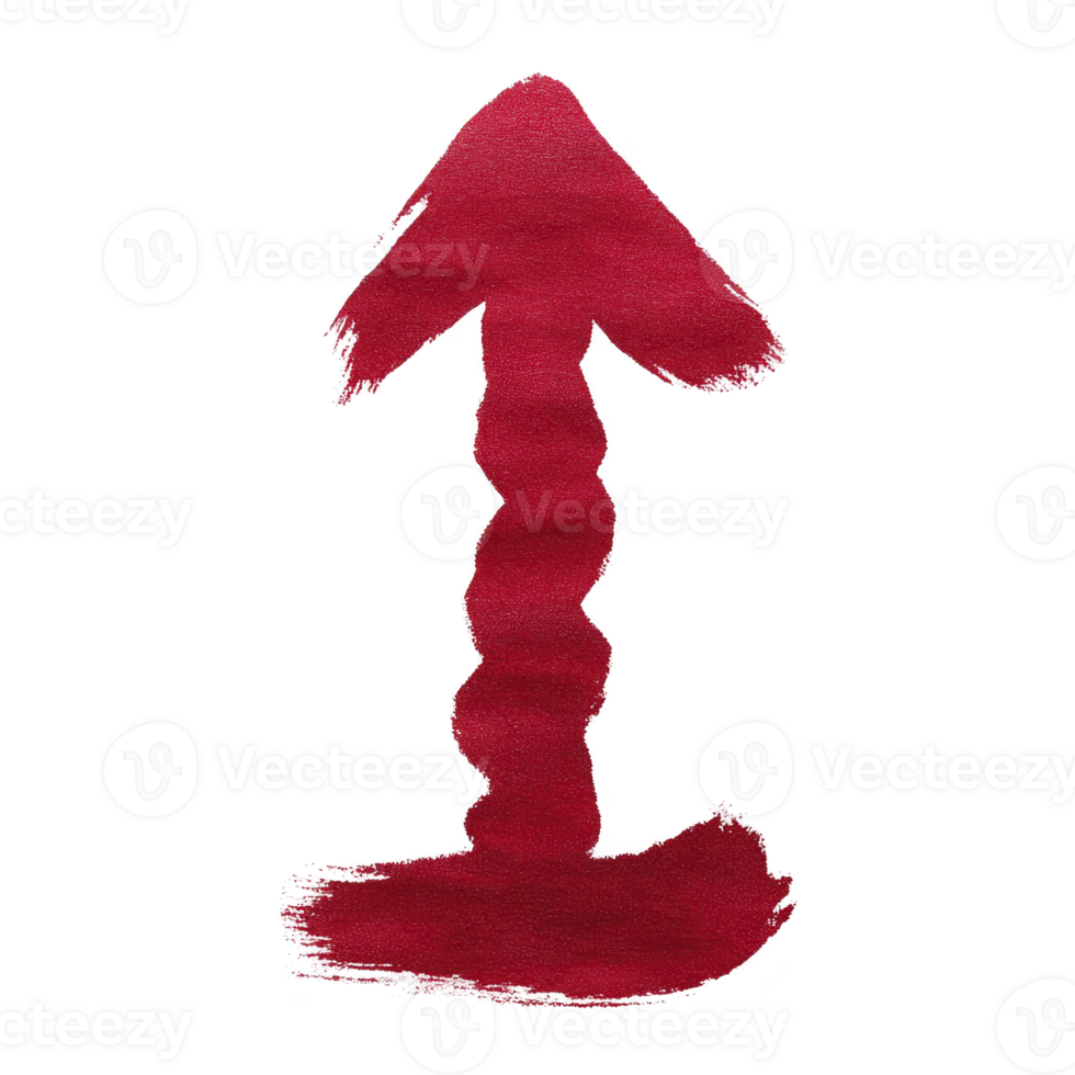 Red, textured, hand painted arrow pointing upwards with wavy design on transparent background png