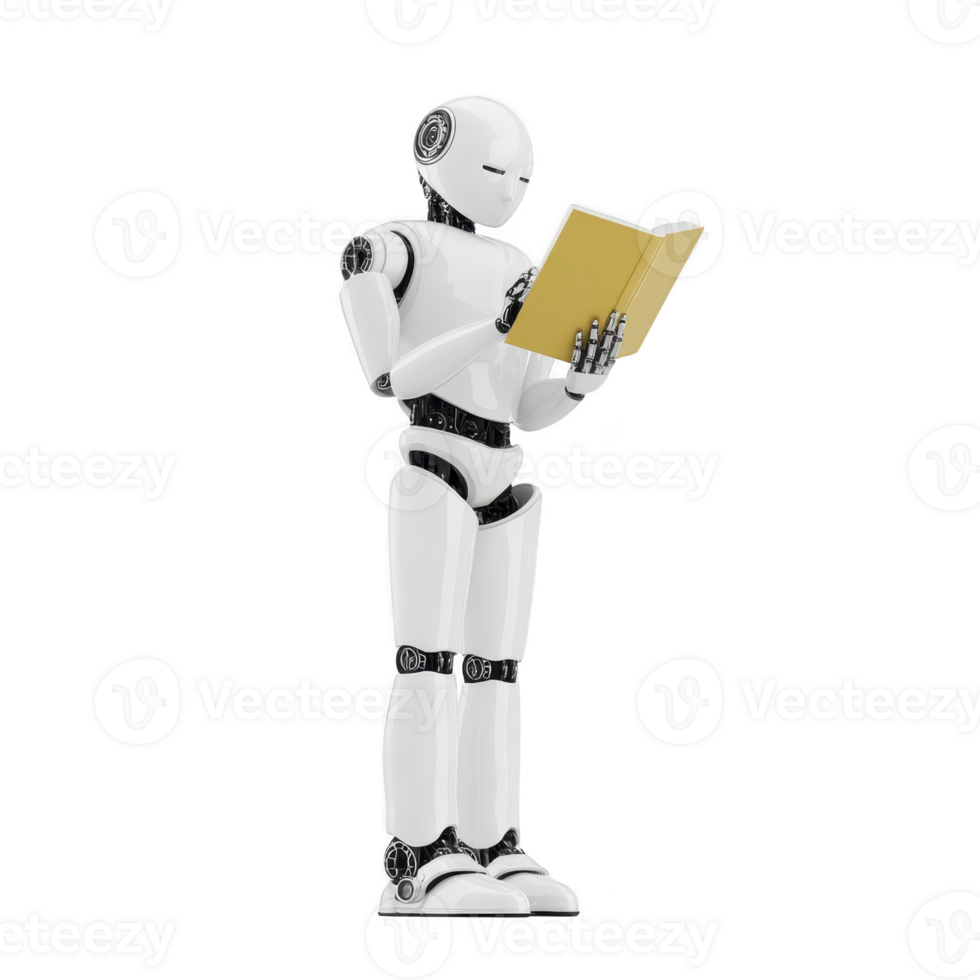 Humanoid robot is reading book, showcasing advanced technology and artificial intelligence. robot sleek design and focus on book highlight its learning capabilities png