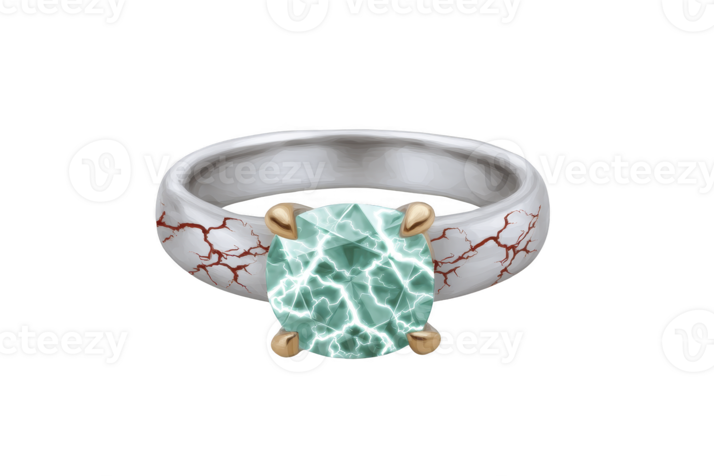 Silver ring with unique design features striking turquoise gemstone with lightning pattern, set in gold prong. band is adorned with red vein like accents, adding artistic touch png