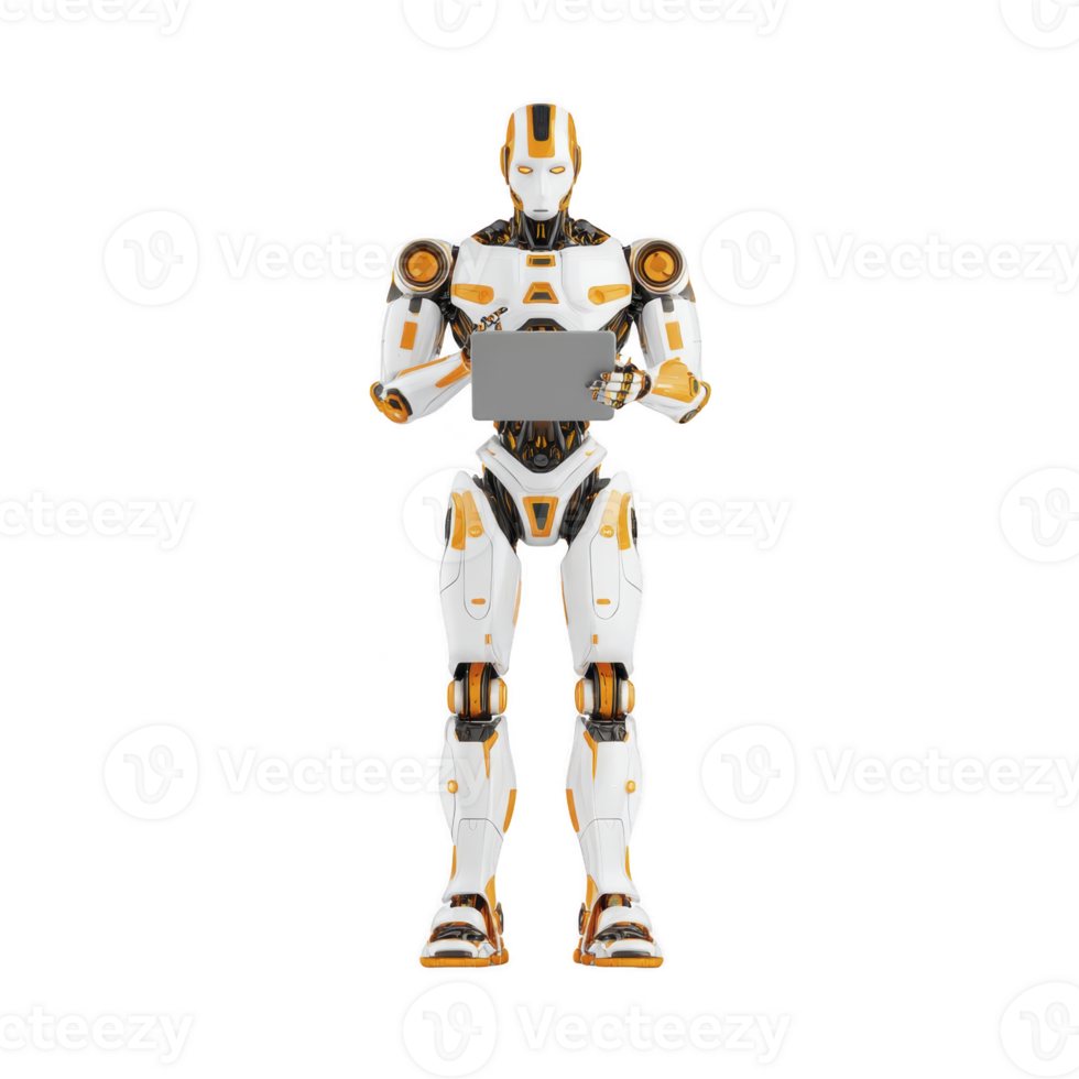 Humanoid robot with sleek white and orange design is holding tablet, showcasing advanced technology and futuristic innovation png