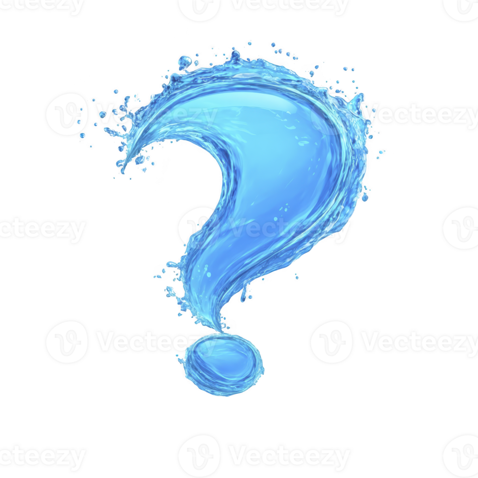 Vibrant blue water splash forms dynamic question mark, symbolizing curiosity and fluidity. design is set against transparent background, emphasizing water motion and clarity png