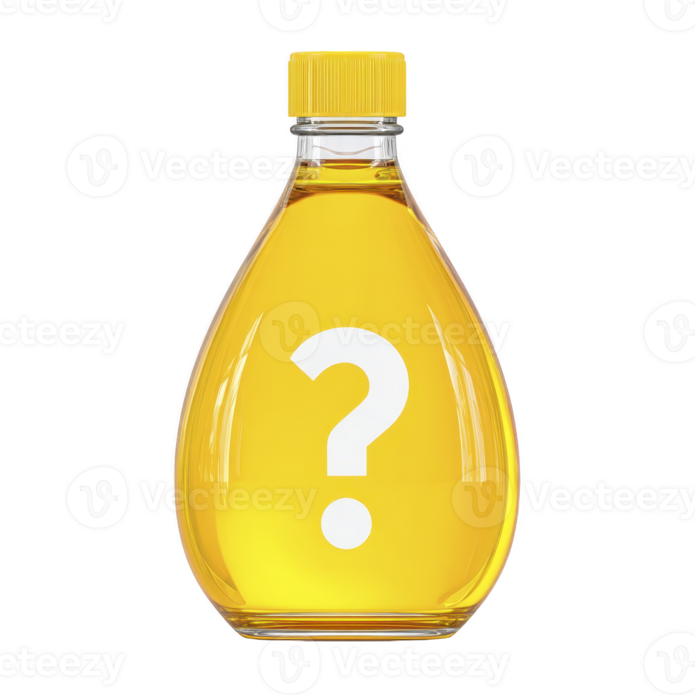 Clear bottle with yellow cap contains golden liquid, possibly oil, with question mark on front, suggesting mystery or inquiry png