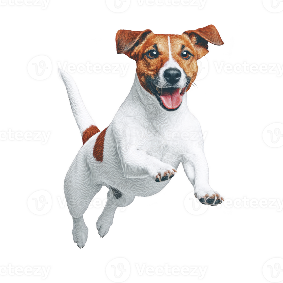 Joyful Jack Russell Terrier leaps into air, showcasing its energetic and playful nature. dog white and brown coat is vibrant against plain background, capturing moment of pure excitement png