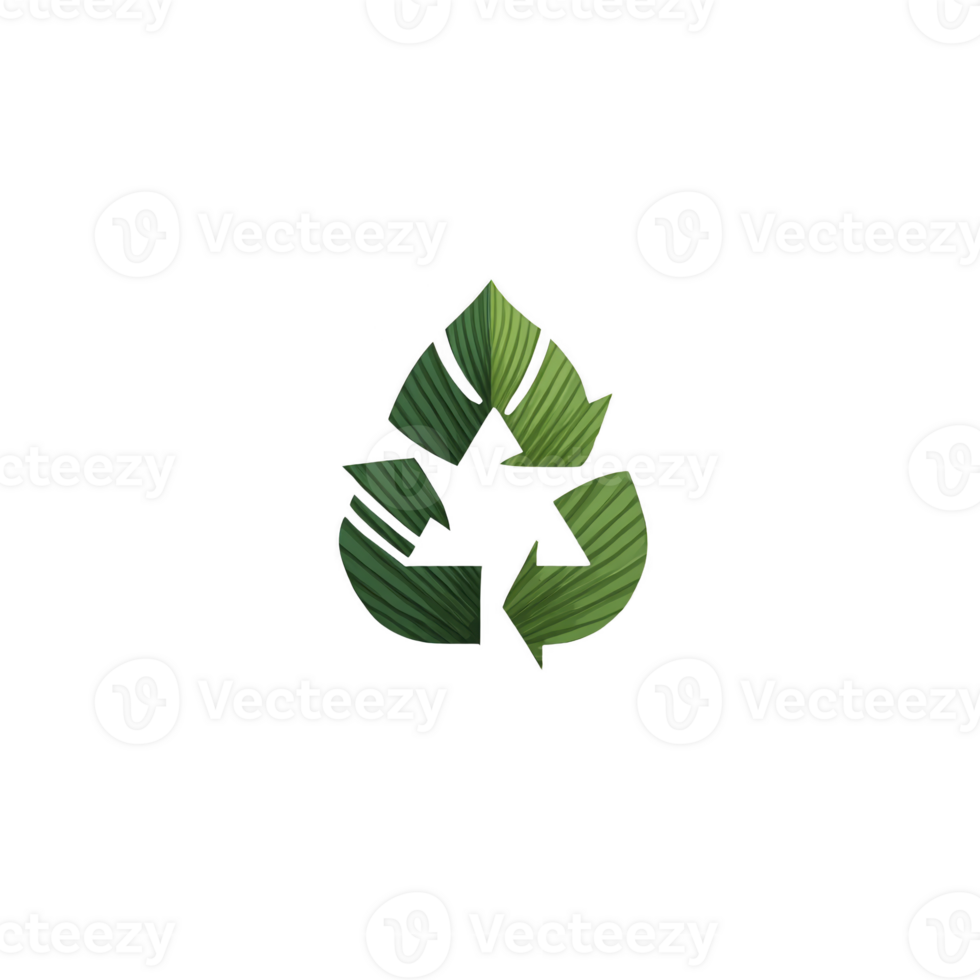 Green leaf recycling symbol with star in center represents sustainability and eco friendly practices. design emphasizes environmental conservation and renewable resources png