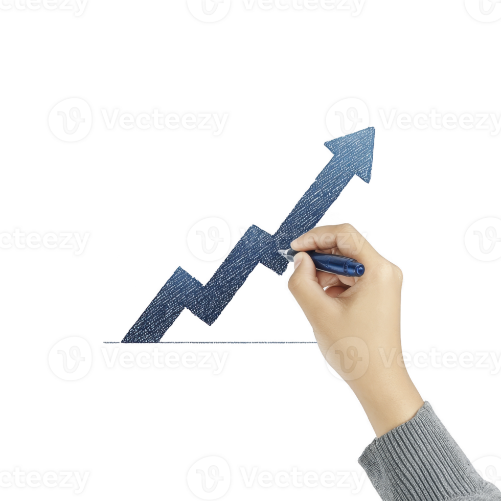 Hand drawing blue upward arrow on transparent background symbolizes growth and success. arrow is sketched with pen, indicating progress and positive trends png