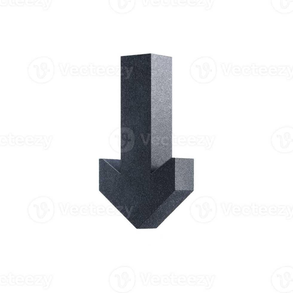 3D metallic arrow pointing downward, featuring sleek and modern design. arrow has dark gray color with textured surface, giving it robust and industrial appearance png