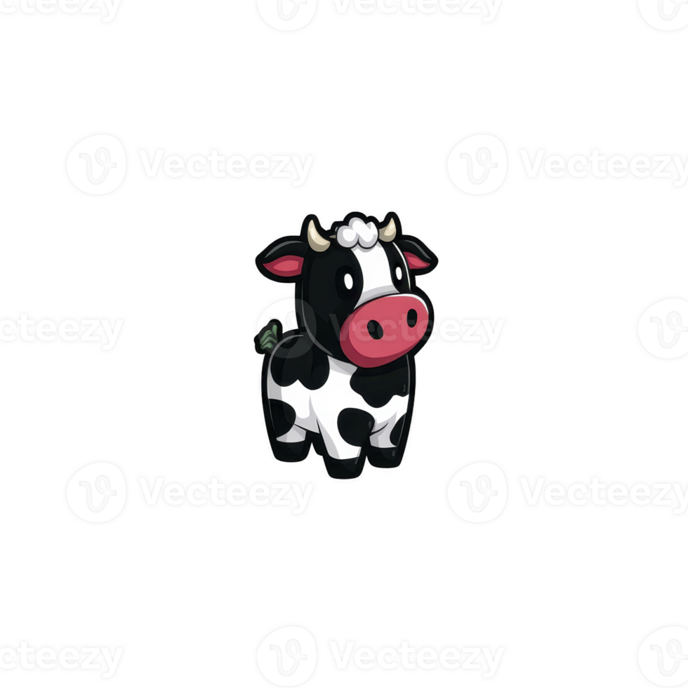 Cute cartoon cow with black and white spots and red snout stands cheerfully on plain background. Its playful design and bright colors make it appealing for children content png
