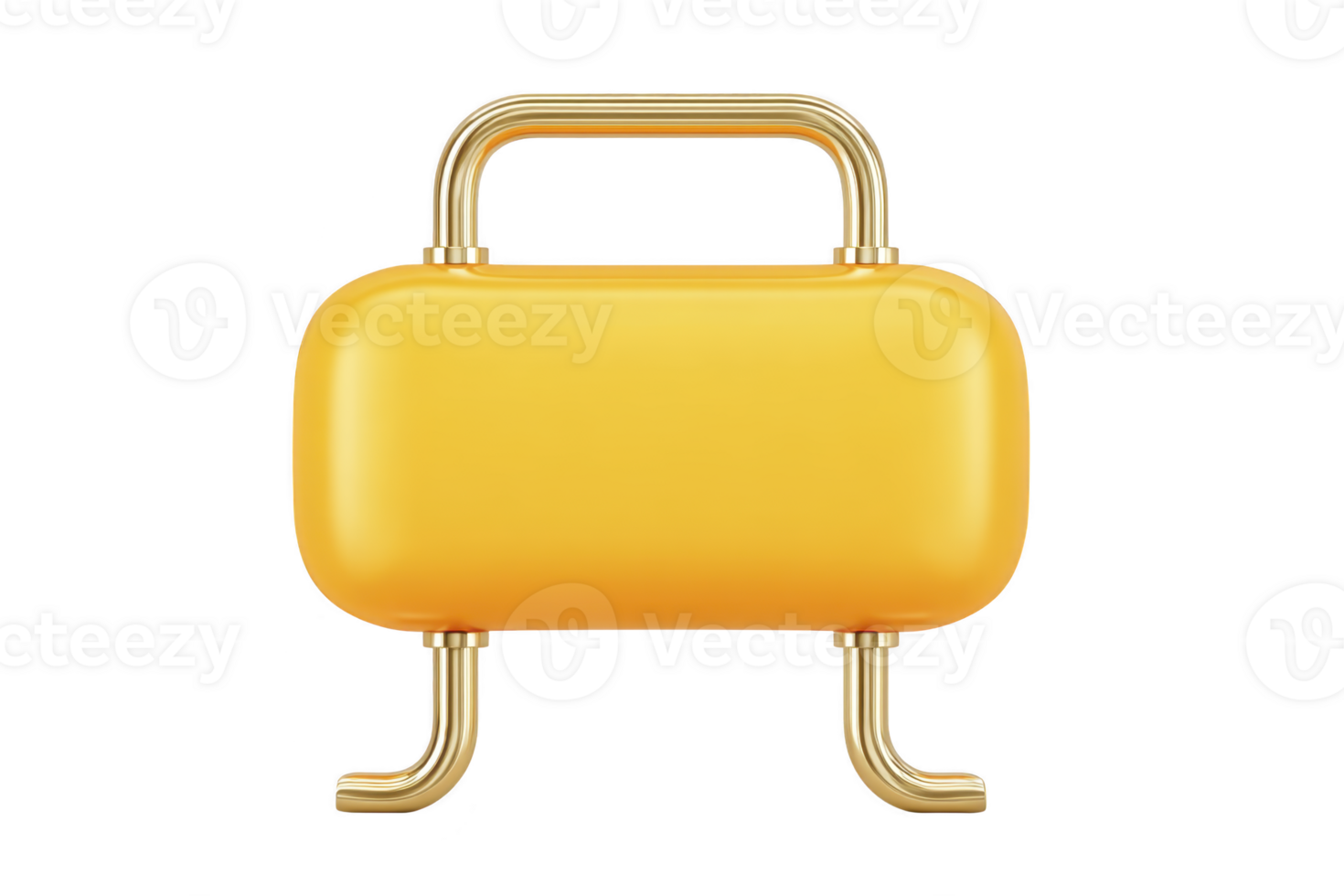 Yellow suitcase with sleek design and gold accents stands upright, showcasing its modern style. suitcase features sturdy handle and legs, making it both functional and stylish png