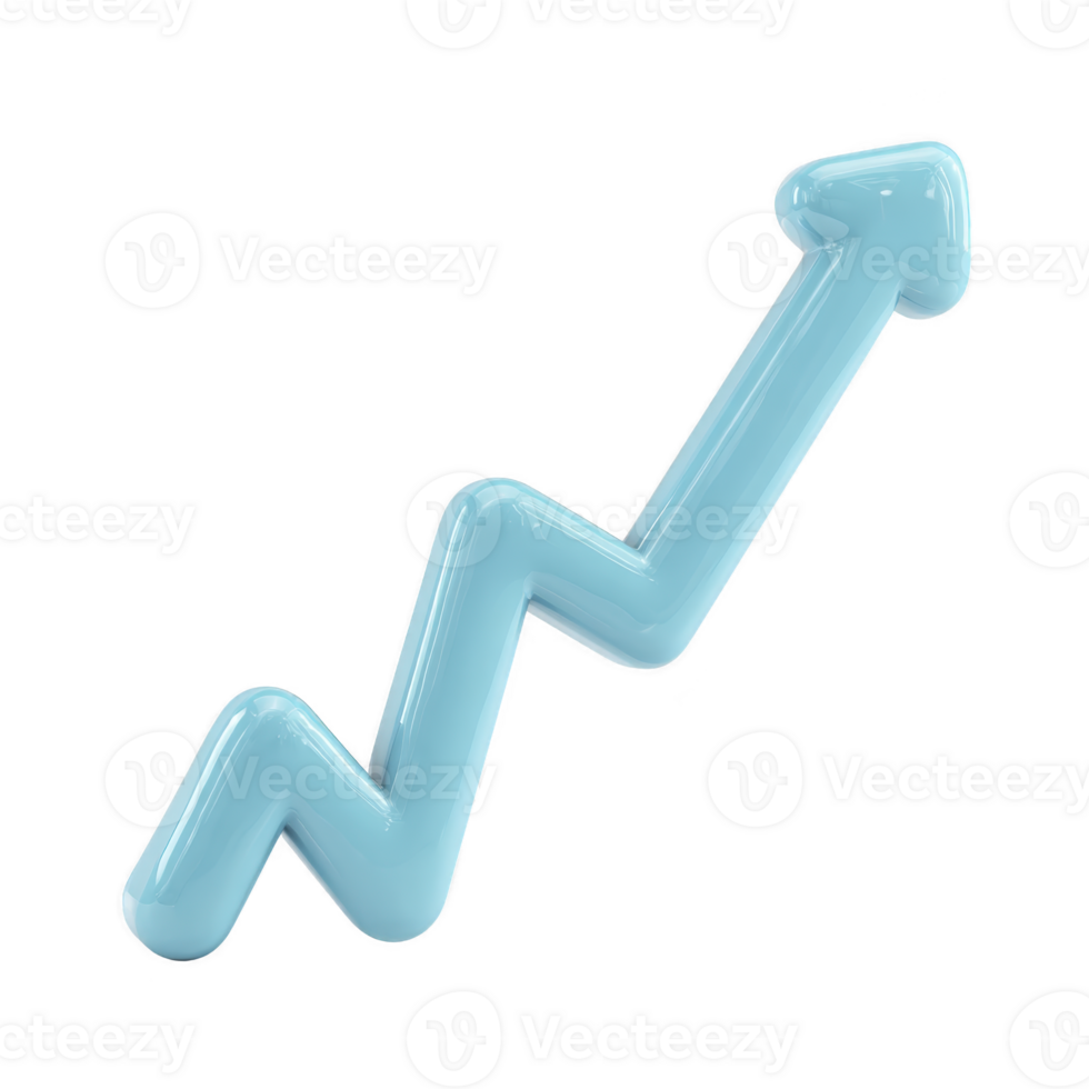 3D blue arrow in zigzag shape points upward, symbolizing growth and progress. glossy finish adds modern touch, making it ideal for business or financial themes png