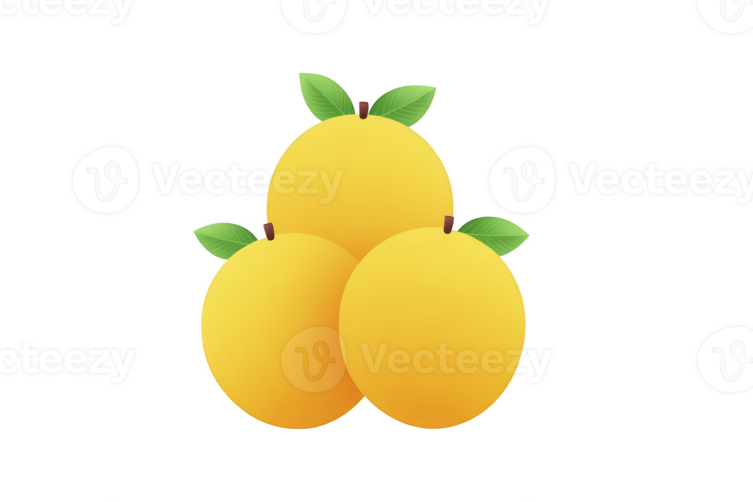 Three bright yellow oranges with green leaves are arranged in cluster, showcasing fresh and vibrant appearance. simple design emphasizes fruit round shape and vivid color png