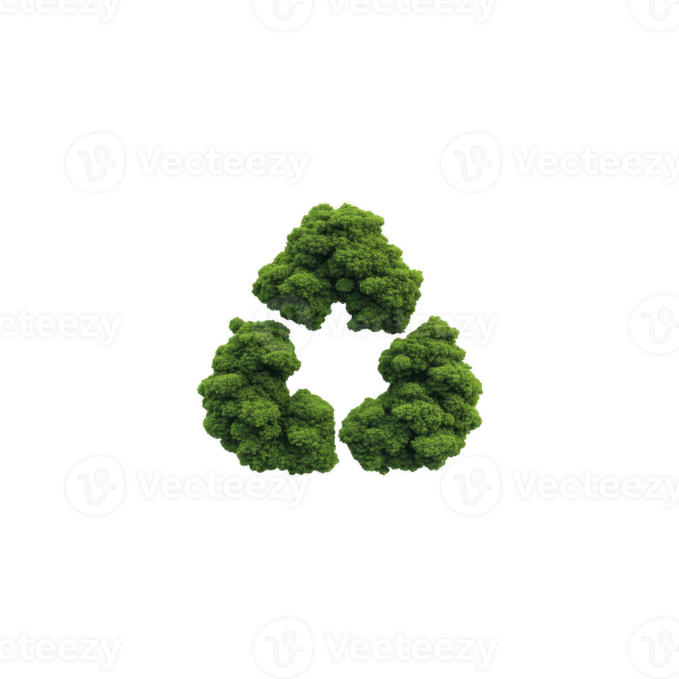 Green recycling symbol made of lush trees represents environmental sustainability and eco friendly practices. trees form triangle, symbolizing cycle of reduce, reuse, and recycle png
