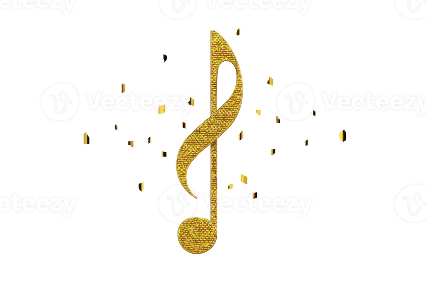Golden treble clef symbol sparkles against transparency background, surrounded by small, shimmering particles, creating sense of elegance and musical inspiration png
