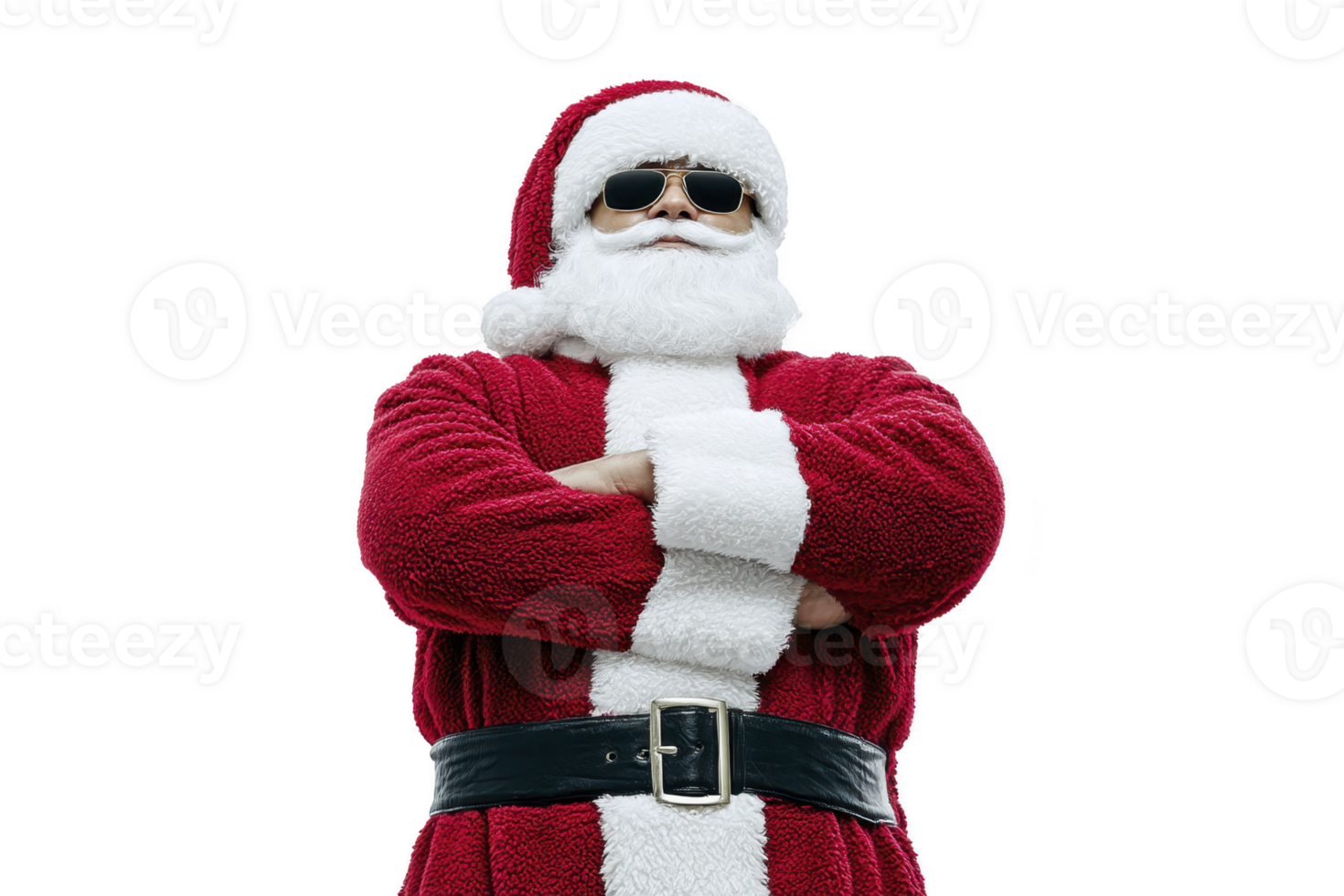 Santa Claus wearing sunglasses and red suit stands confidently with arms crossed, exuding cool and modern vibe. image captures festive and playful holiday spirit png