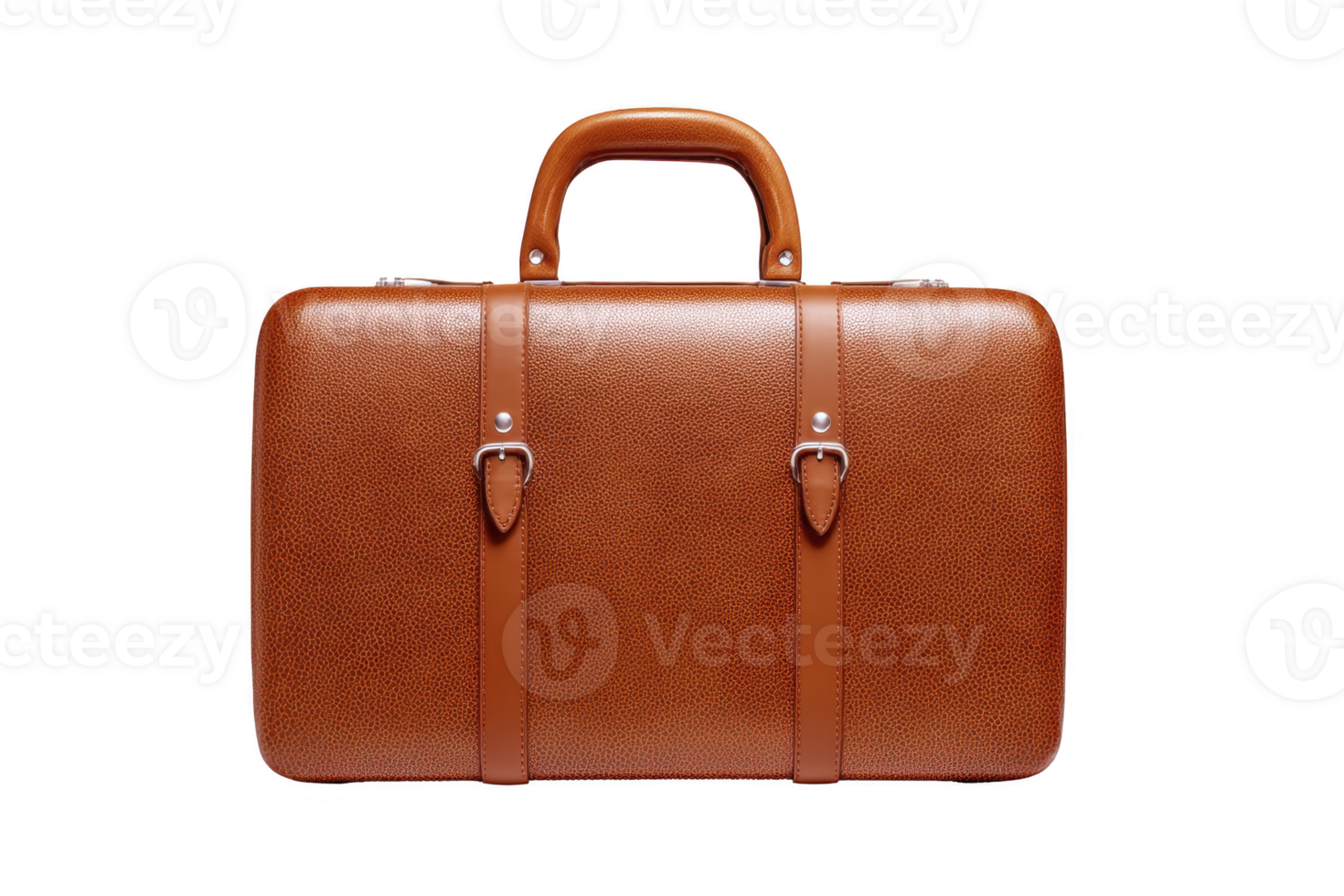Stylish brown leather suitcase with textured surface and sturdy handle, perfect for travel or business trips. elegant design features metal buckles for secure closure png