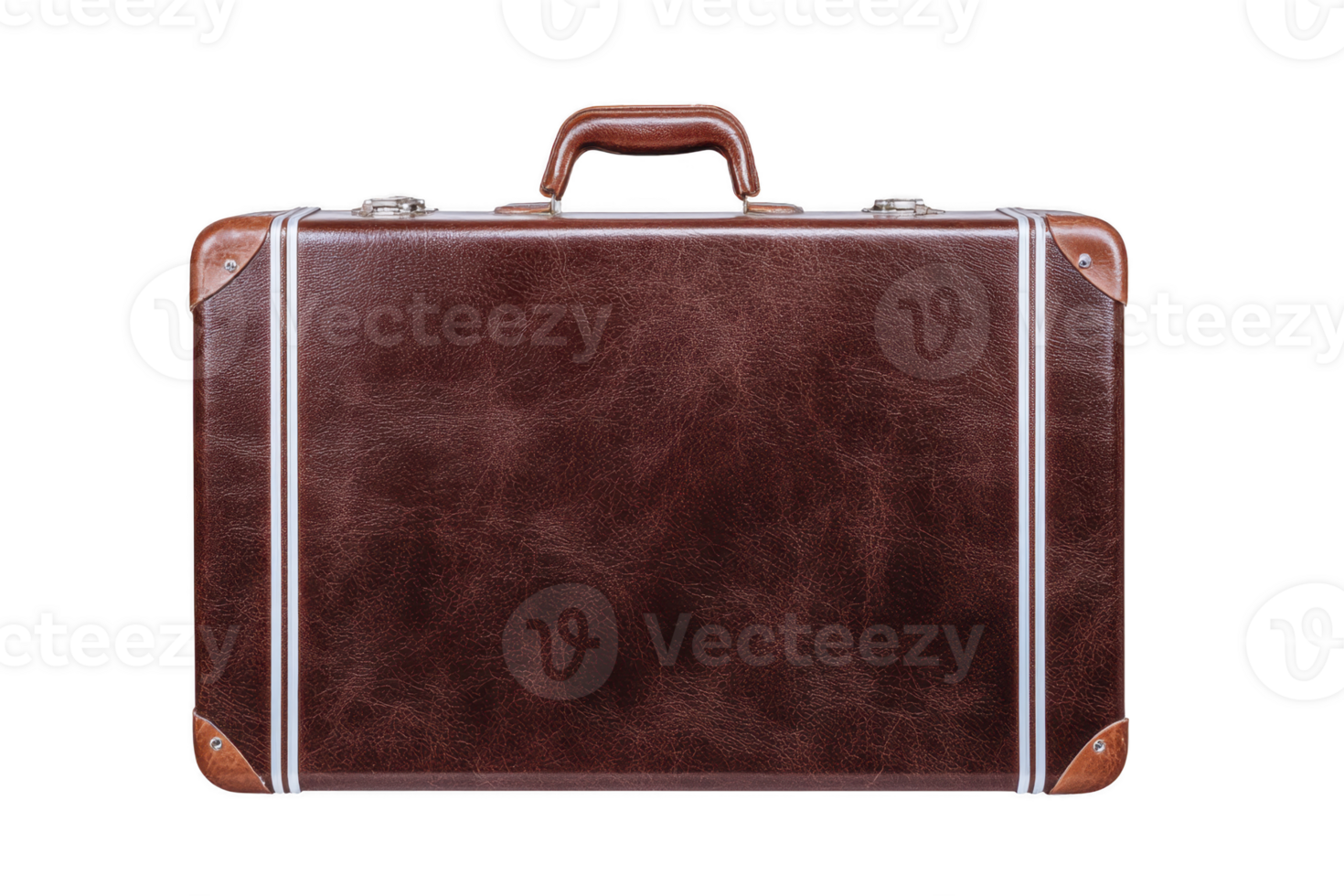 Vintage brown leather suitcase with silver accents and sturdy handle, evoking sense of nostalgia and adventure. suitcase classic design is both stylish and functional png