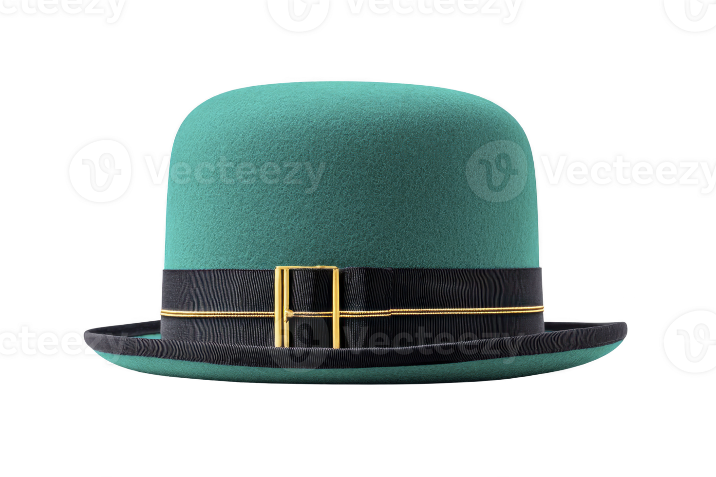 Stylish green bowler hat with black band and gold buckle, perfect for adding touch of elegance to any outfit. classic design is both timeless and versatile png