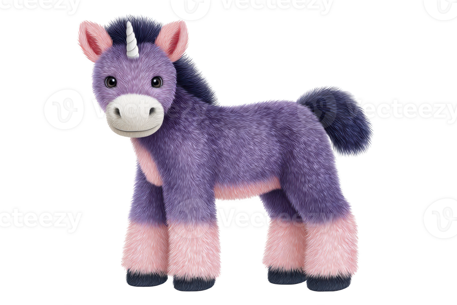 Cute, fluffy unicorn with purple and pink fur stands cheerfully, showcasing its horn and friendly expression. whimsical creature exudes sense of magic and fantasy png