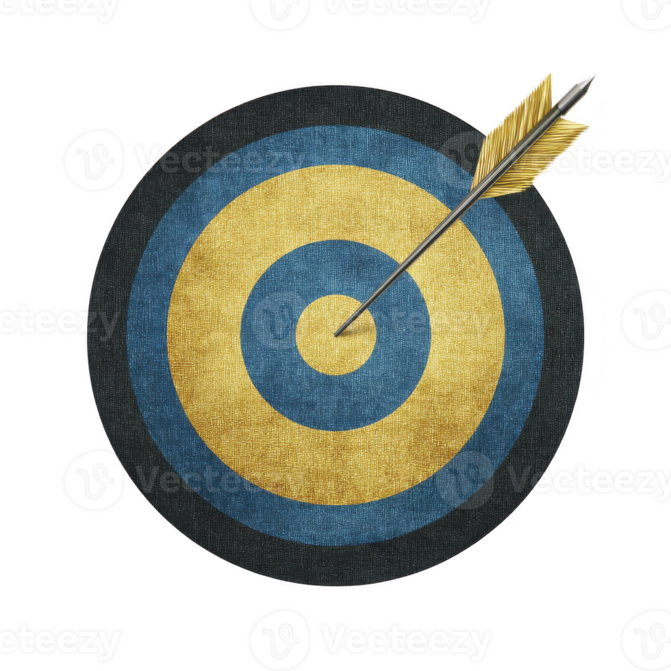 Golden arrow is perfectly centered in blue and gold target, symbolizing precision and success. target concentric circles highlight focus and achievement png