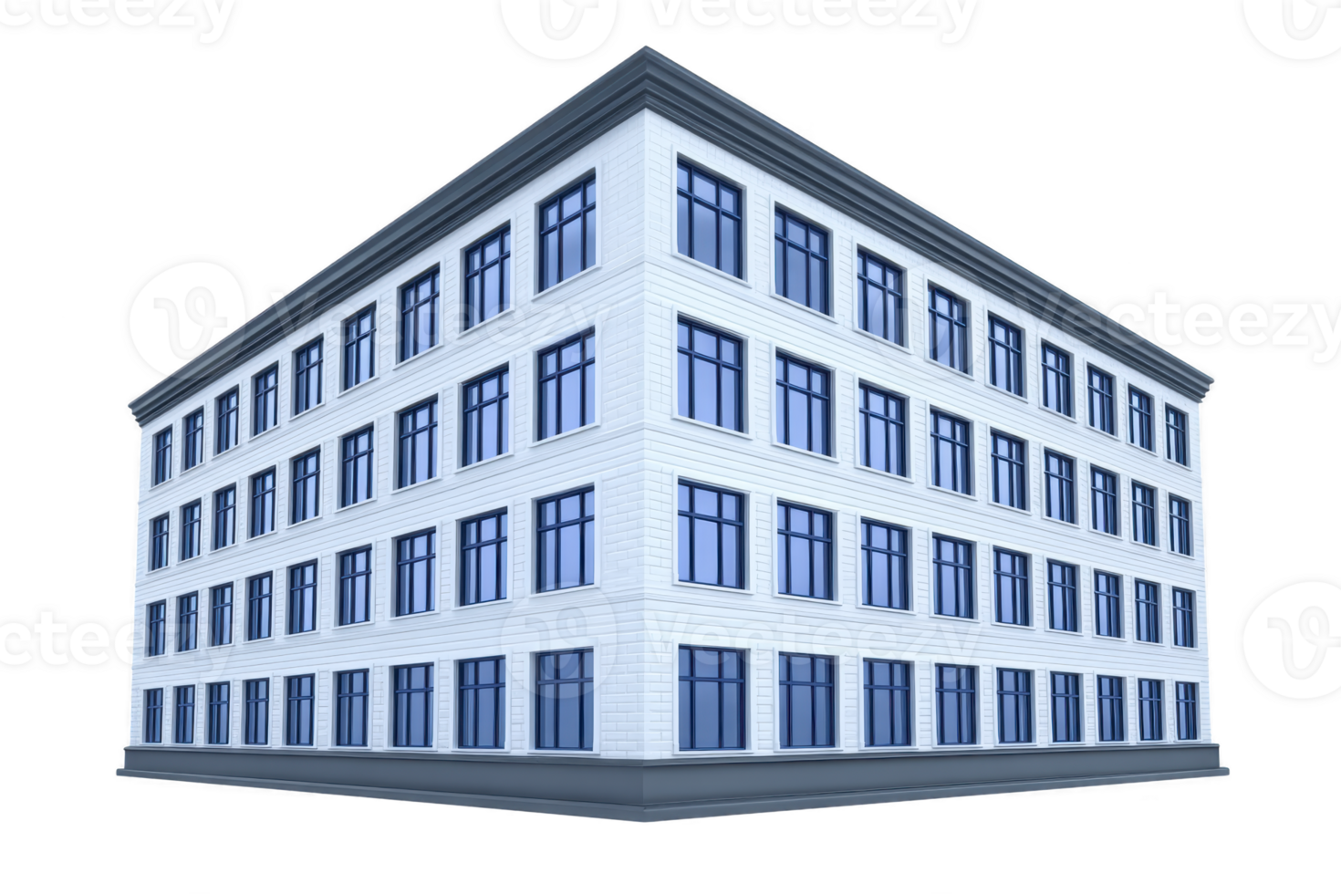 Modern, white, four story building with numerous blue tinted windows and flat roof, showcasing minimalist architectural style. structure appears to be office or educational facility png