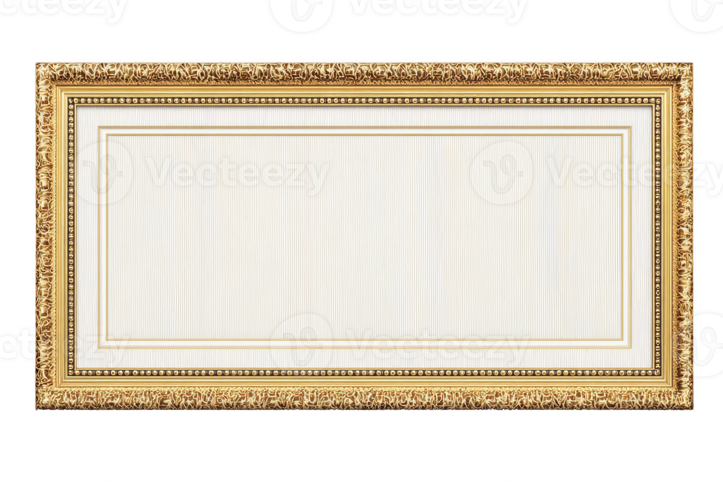 Elegant gold picture frame with intricate detailing and blank white canvas, perfect for showcasing artwork or photographs in sophisticated setting png