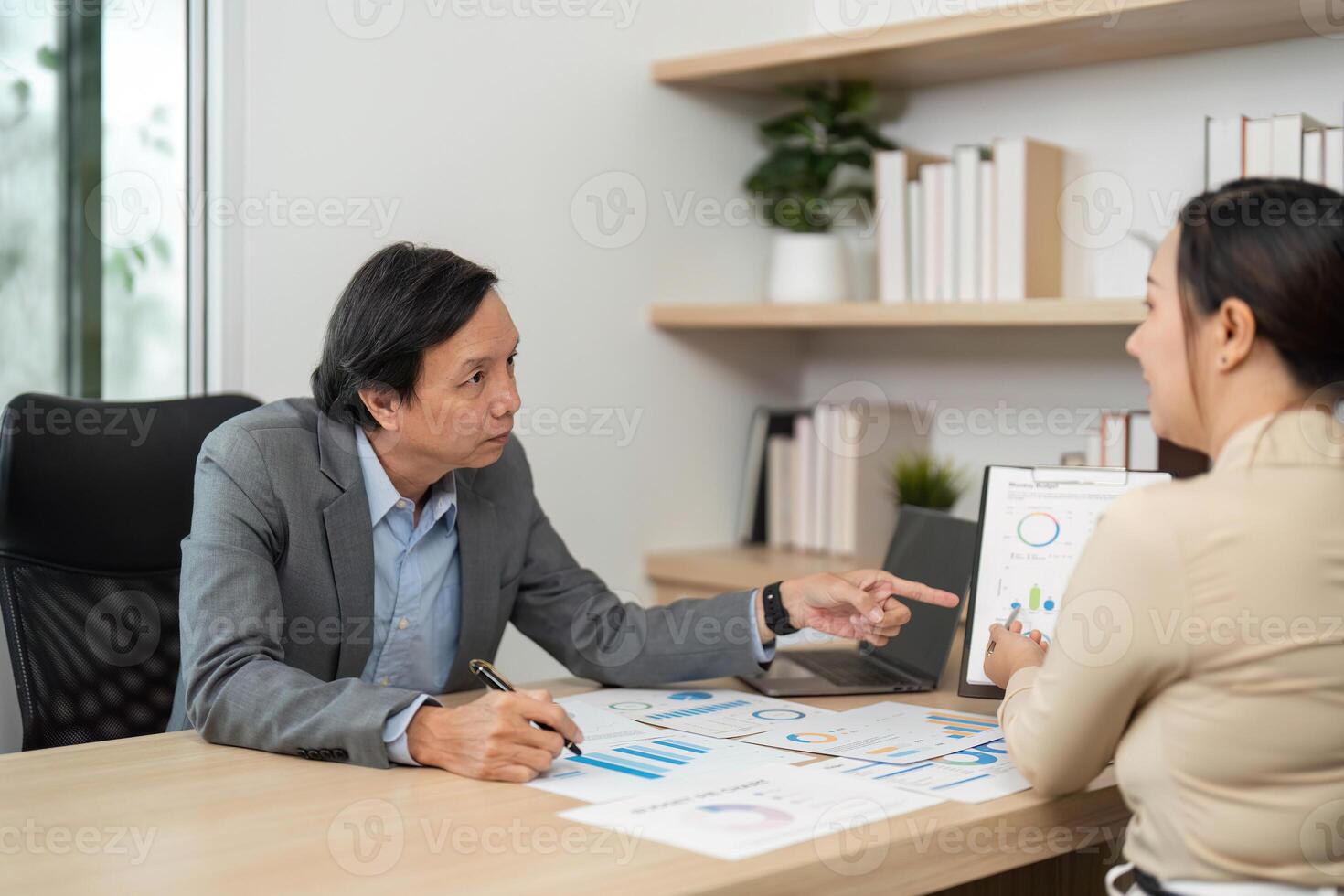 Business Meeting and Collaboration. Professional discussion between two colleagues analyzing data in modern office. photo