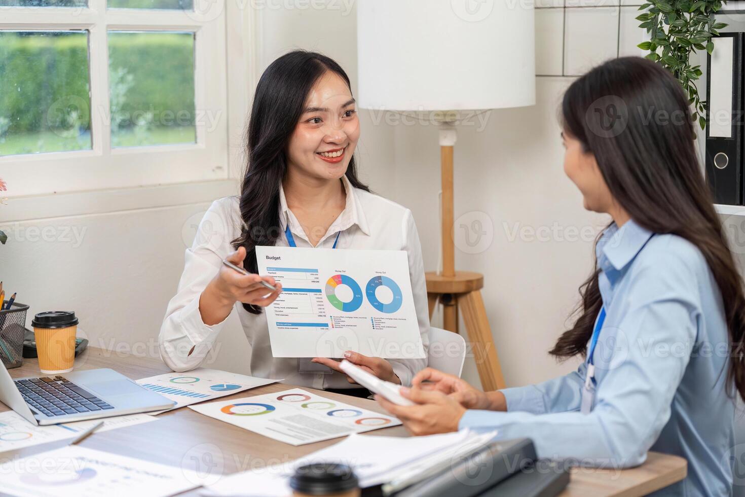 Budget Presentation and Team Collaboration. Professional woman explaining financial data to a colleague. photo