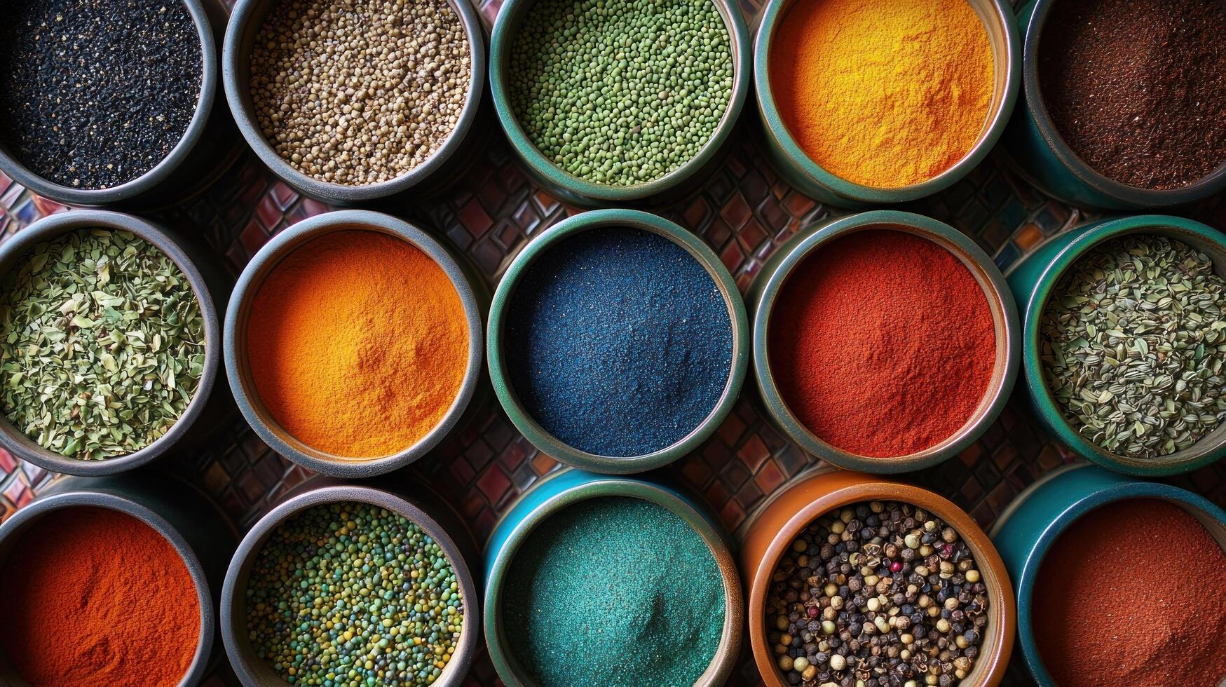 A variety of colorful spices in bowls photo