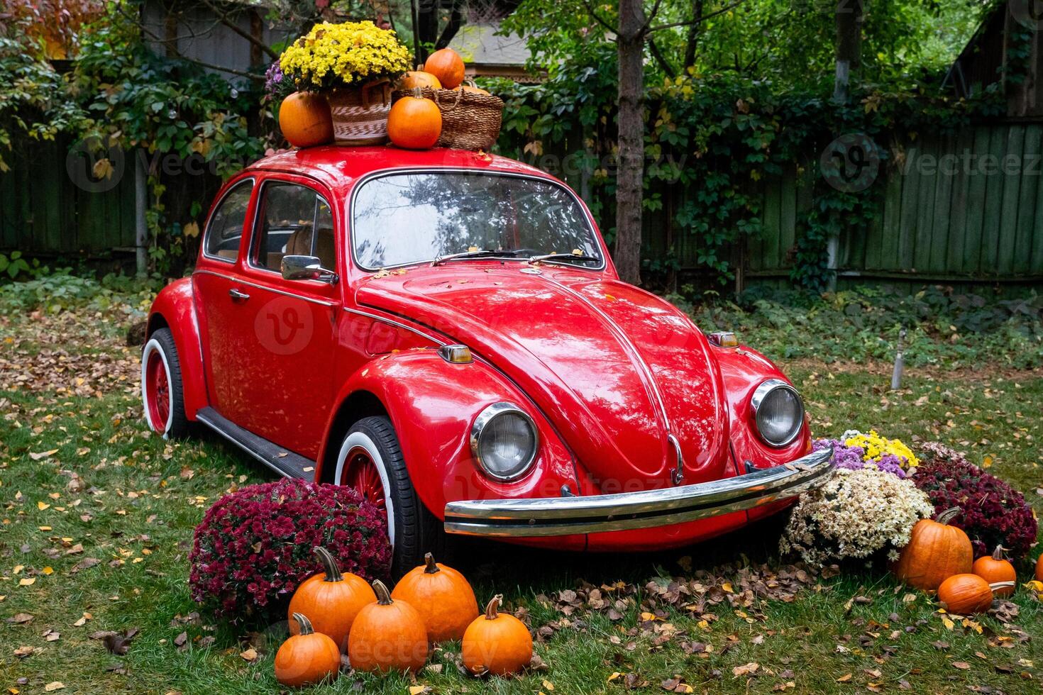 Red Vintage Car Decorated with Pumpkins for Autumn photo
