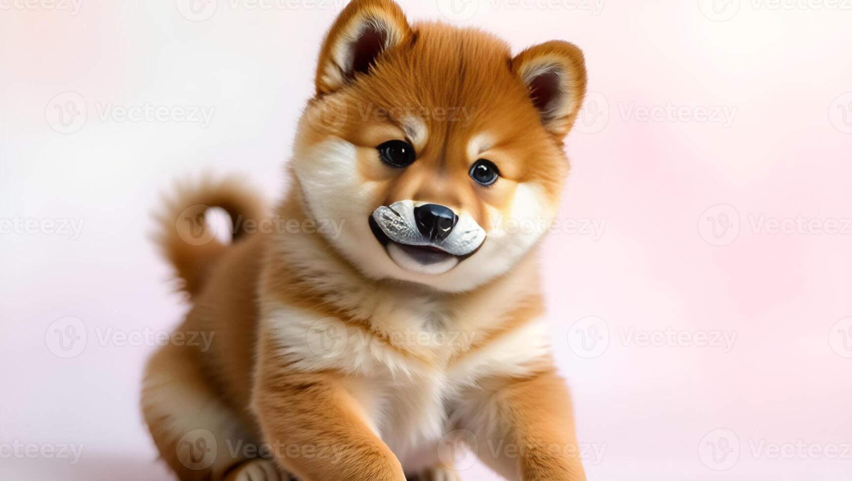 An endearing Shiba Inu puppy with a fluffy coat looks directly at the camera with bright eyes. photo