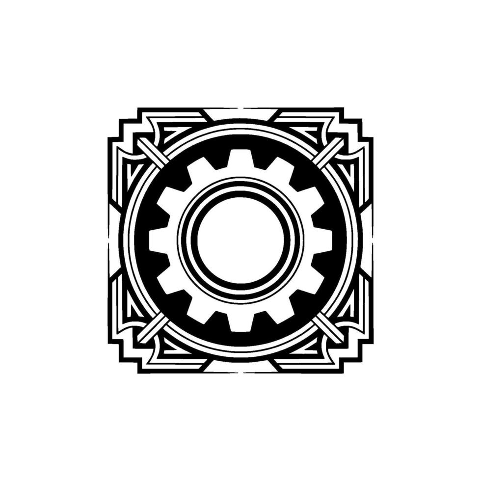 Art Deco Gear Cog Illustration, Industrial , Black and White vector