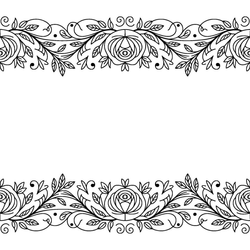 Floral Border Frame Elegant Line Art With Roses, Leaves, and Vines vector