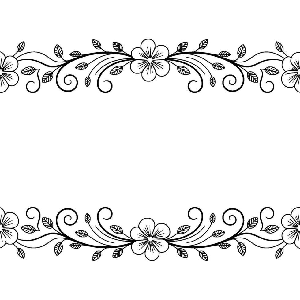 Elegant Floral Border Frame, Black Line Art on White Background vector