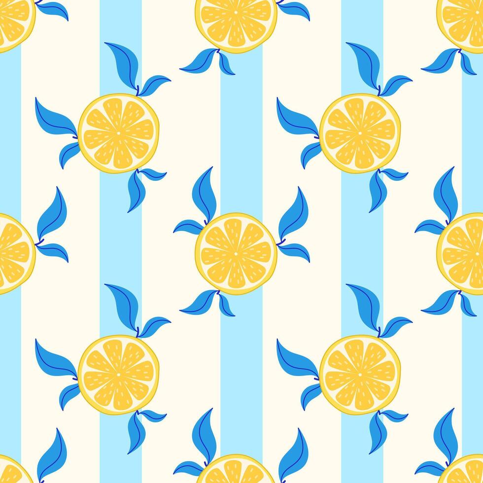 Seamless pattern with lemon slice on a striped turquoise background. Bright Mediterranean citrus design in a flat style. vector