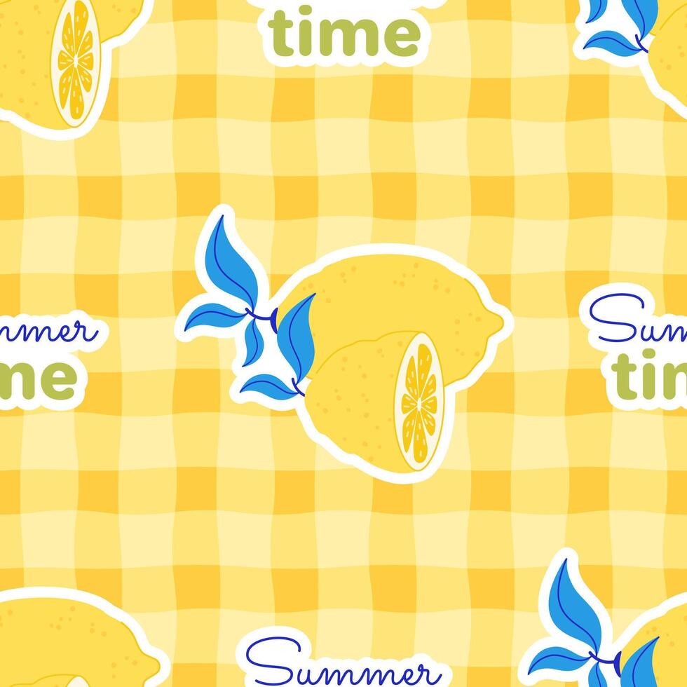 Seamless pattern with lemon stickers and text Summer Time. Illustration on a checkered background. Flat style. vector