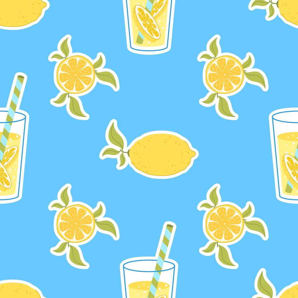 Seamless pattern with lemons, lemonade, lemon slice. Flat style illustration. vector